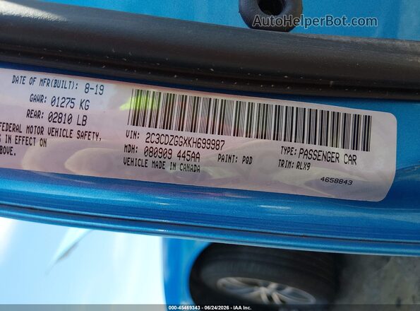 2C3CDZGGXKH699987 2019 DODGE CHALLENGER Синий Вид подкапотного пространства
