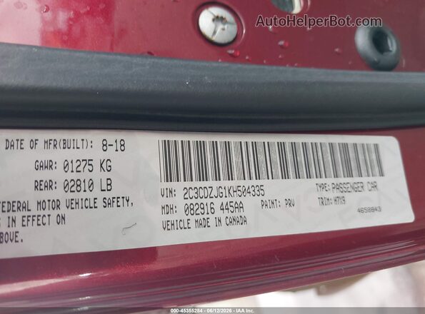 2C3CDZJG1KH504335 2019 DODGE CHALLENGER Красный Вид подкапотного пространства