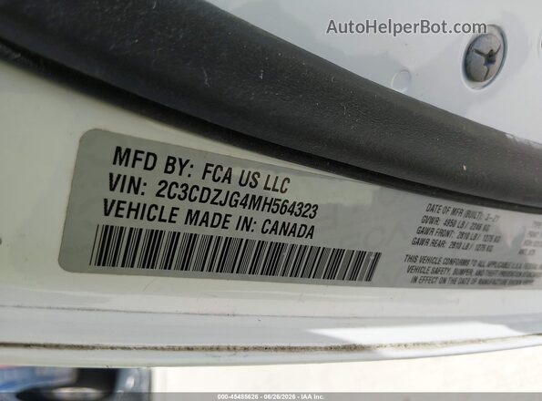 2C3CDZJG4MH564323 2021 DODGE CHALLENGER Белый Вид подкапотного пространства