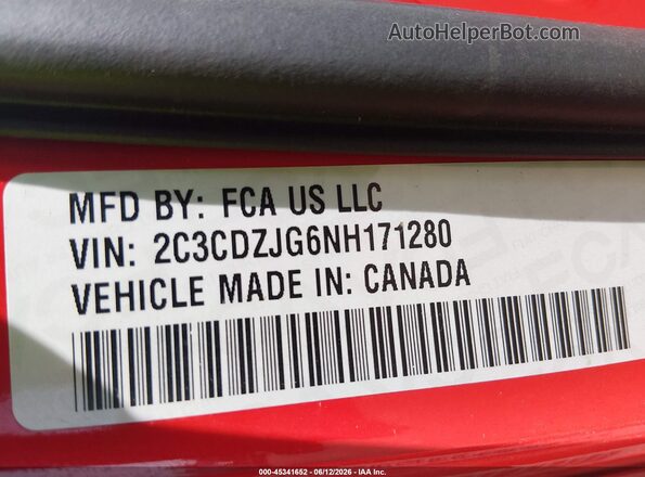 2C3CDZJG6NH171280 2022 DODGE CHALLENGER Red Vista del compartimento del motor