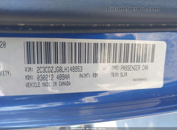 2C3CDZJG8LH148953 2020 DODGE CHALLENGER Blue Widok komory silnika