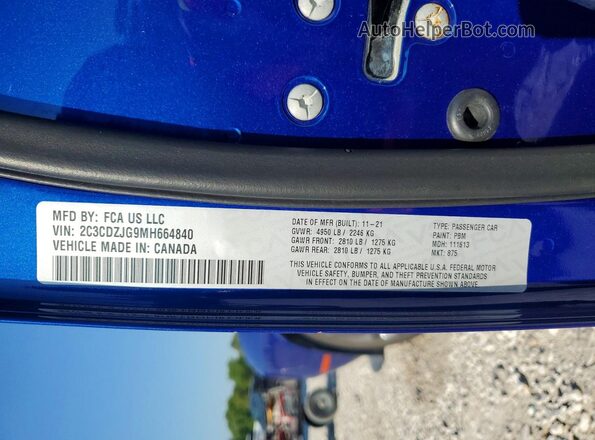 2C3CDZJG9MH664840 2021 DODGE CHALLENGER Blue Vista del compartimento del motor