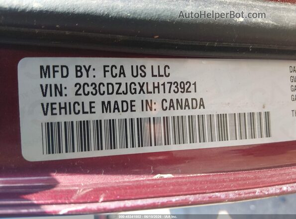 2C3CDZJGXLH173921 2020 DODGE CHALLENGER Red Vista del compartimento del motor