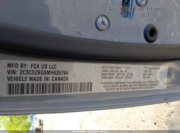 2C3CDZKG6MH635794 2021 DODGE CHALLENGER Gray ძრავის განყოფილების ხედი