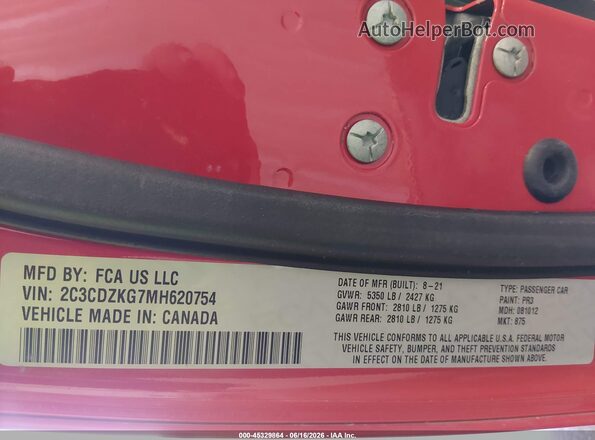 2C3CDZKG7MH620754 2021 DODGE CHALLENGER Red Vista del compartimento del motor