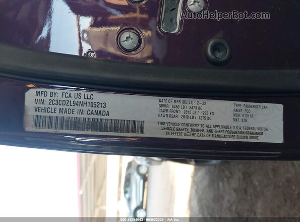 2C3CDZL94NH105213 2022 DODGE CHALLENGER Фиолетовый Вид подкапотного пространства