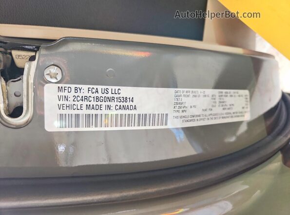 2C4RC1BG0NR153814 2022 CHRYSLER PACIFICA Gray Vista de la etiqueta del VIN