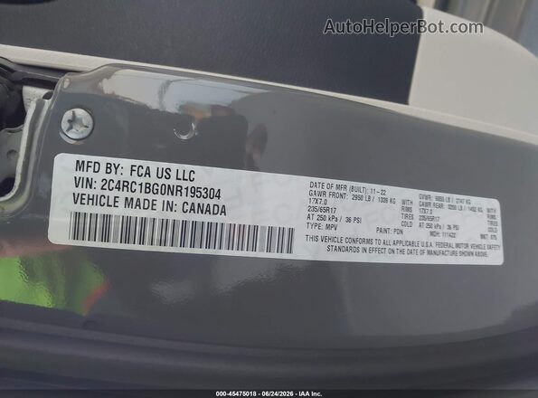 2C4RC1BG0NR195304 2022 CHRYSLER PACIFICA Gray Widok komory silnika