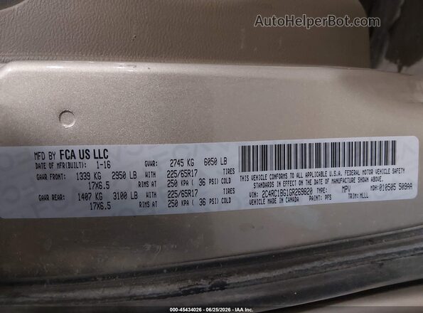2C4RC1BG1GR269820 2016 CHRYSLER TOWN & COUNTRY Желто-коричневый Вид подкапотного пространства