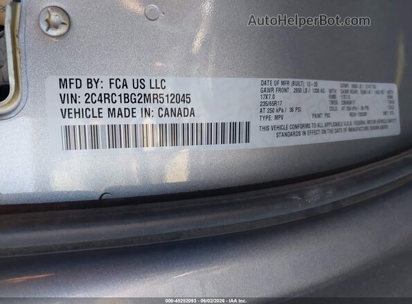 2C4RC1BG2MR512045 2021 CHRYSLER PACIFICA Silver Vista del compartimento del motor
