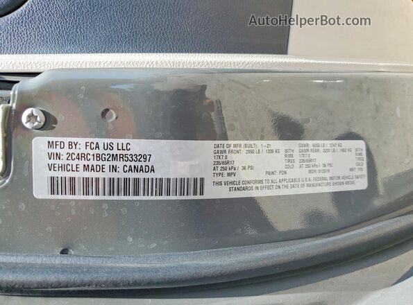2C4RC1BG2MR533297 2021 CHRYSLER PACIFICA Gray Вид наклейки з VIN-кодом