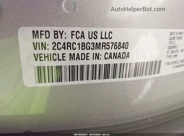2C4RC1BG3MR576840 2021 CHRYSLER PACIFICA Silver 