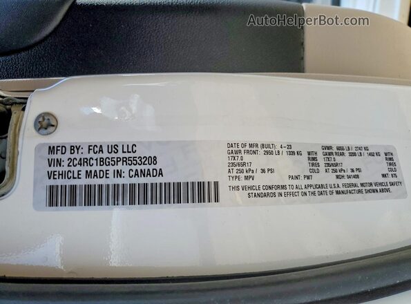 2C4RC1BG5PR553208 2023 CHRYSLER PACIFICA White Widok naklejki z numerem VIN