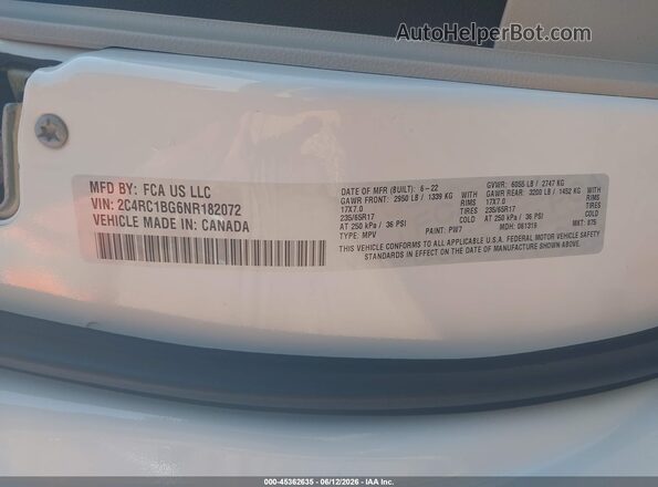 2C4RC1BG6NR182072 2022 CHRYSLER PACIFICA White Vista del compartimento del motor