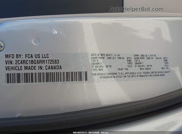 2C4RC1BG6RR172583 2024 CHRYSLER PACIFICA Серый 