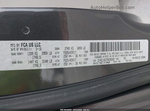 2C4RC1BG7GR299369 2016 CHRYSLER TOWN & COUNTRY Gray Вид підкапотного простору