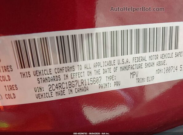 2C4RC1BG7LR115607 2020 CHRYSLER PACIFICA Burgundy Vista del compartimento del motor