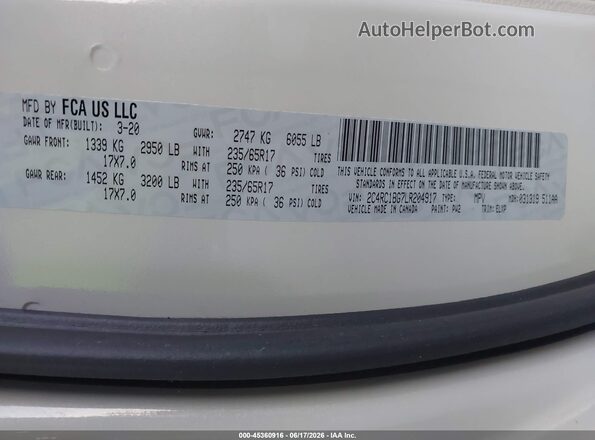 2C4RC1BG7LR204917 2020 CHRYSLER PACIFICA Cream Widok komory silnika