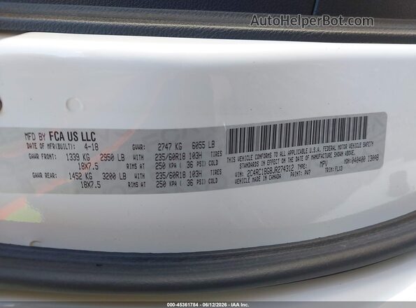 2C4RC1BG8JR274312 2018 CHRYSLER PACIFICA White Շարժիչի բաժամունքի տեսք