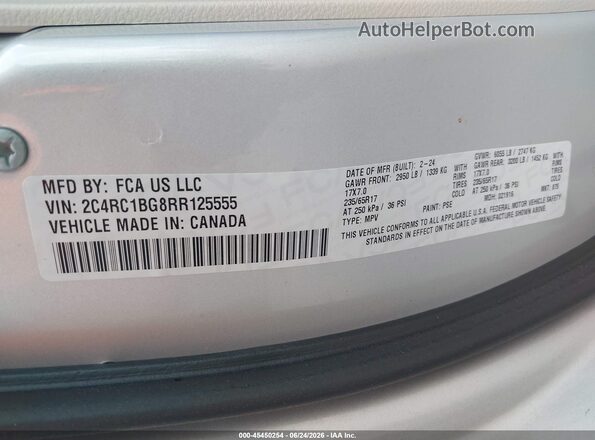 2C4RC1BG8RR125555 2024 CHRYSLER PACIFICA Silver Вид підкапотного простору