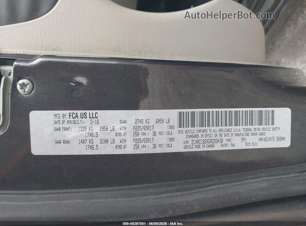 2C4RC1BGXGR293436 2016 CHRYSLER TOWN & COUNTRY Gray ძრავის განყოფილების ხედი