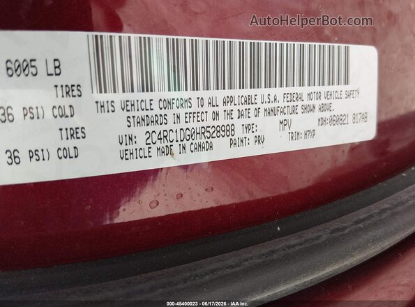 2C4RC1DG0HR528988 2017 CHRYSLER PACIFICA Burgundy ძრავის განყოფილების ხედი