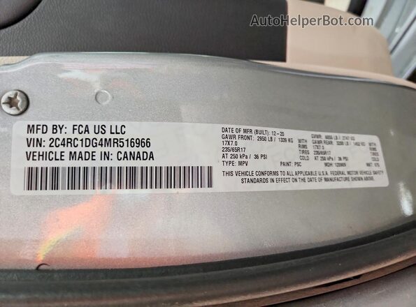 2C4RC1DG4MR516966 2021 CHRYSLER VOYAGER Серый Вид наклейки с VIN-кодом