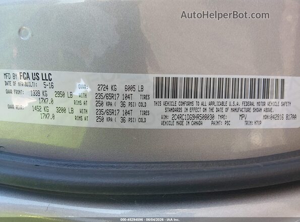 2C4RC1DG9HR508030 2017 CHRYSLER PACIFICA Silver ძრავის განყოფილების ხედი