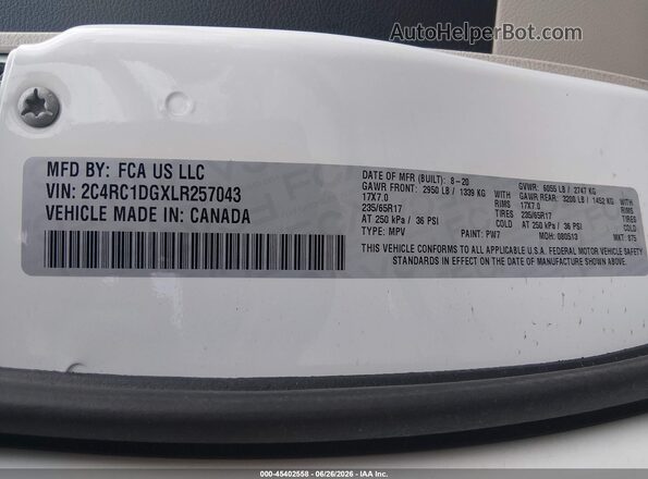 2C4RC1DGXLR257043 2020 CHRYSLER VOYAGER White Engine compartment view