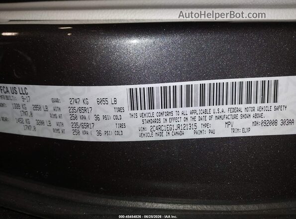 2C4RC1EG1JR121315 2018 CHRYSLER PACIFICA Gray ძრავის განყოფილების ხედი