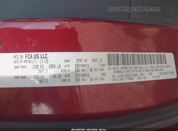 2C4RC1EG2LR133041 2020 CHRYSLER PACIFICA Maroon ძრავის განყოფილების ხედი