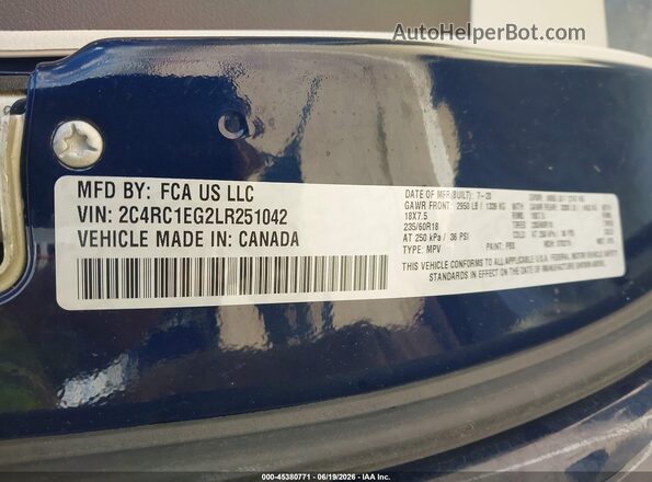 2C4RC1EG2LR251042 2020 CHRYSLER PACIFICA Blue ძრავის განყოფილების ხედი