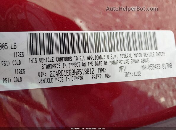 2C4RC1EG3HR518812 2017 CHRYSLER PACIFICA Maroon Vista del compartimento del motor