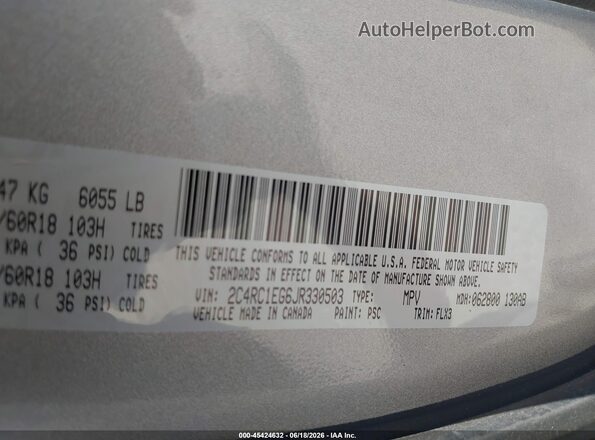 2C4RC1EG6JR330503 2018 CHRYSLER PACIFICA Gray Շարժիչի բաժամունքի տեսք