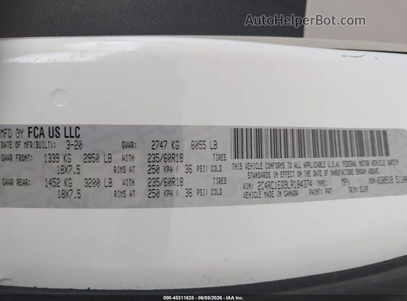 2C4RC1EG9LR184374 2020 CHRYSLER PACIFICA White Вид підкапотного простору