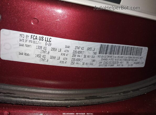 2C4RC1FG1LR233159 2020 CHRYSLER PACIFICA Burgundy ძრავის განყოფილების ხედი