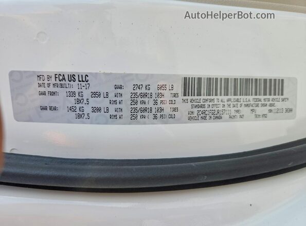 2C4RC1FG2JR157111 2018 CHRYSLER PACIFICA White Вид наклейки з VIN-кодом