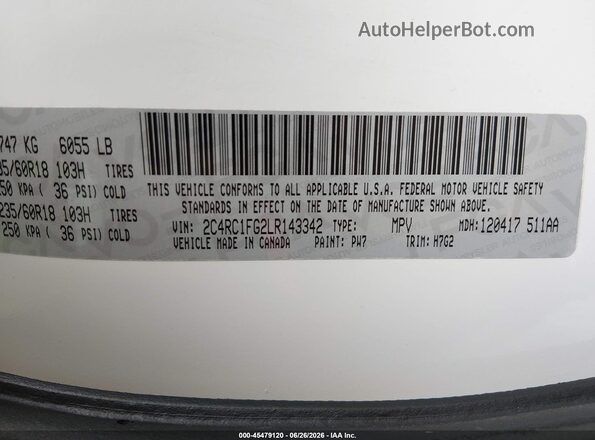2C4RC1FG2LR143342 2020 CHRYSLER PACIFICA White ძრავის განყოფილების ხედი