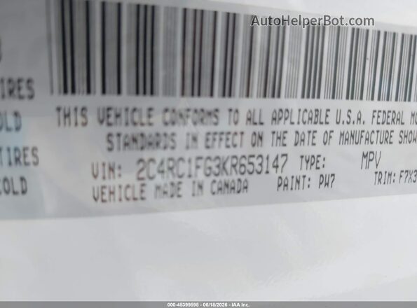 2C4RC1FG3KR653147 2019 CHRYSLER PACIFICA White ძრავის განყოფილების ხედი