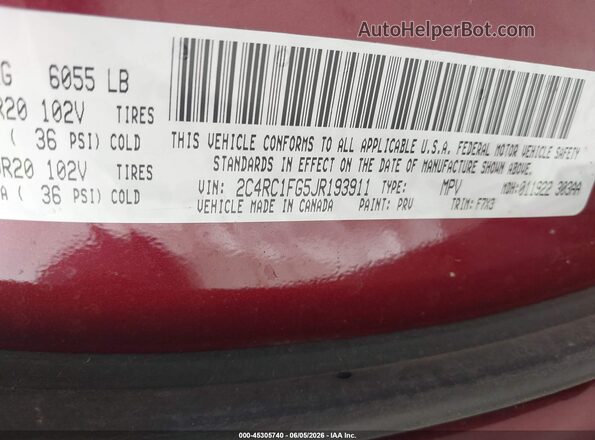 2C4RC1FG5JR193911 2018 CHRYSLER PACIFICA Красный Вид подкапотного пространства