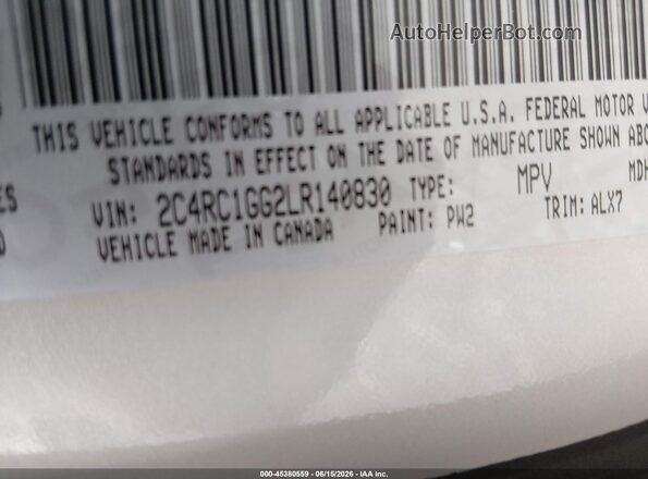 2C4RC1GG2LR140830 2020 CHRYSLER PACIFICA White Вид підкапотного простору