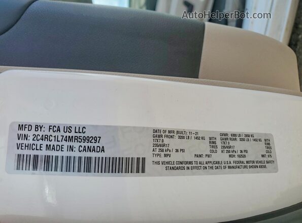 2C4RC1L74MR599297 2021 CHRYSLER PACIFICA White 