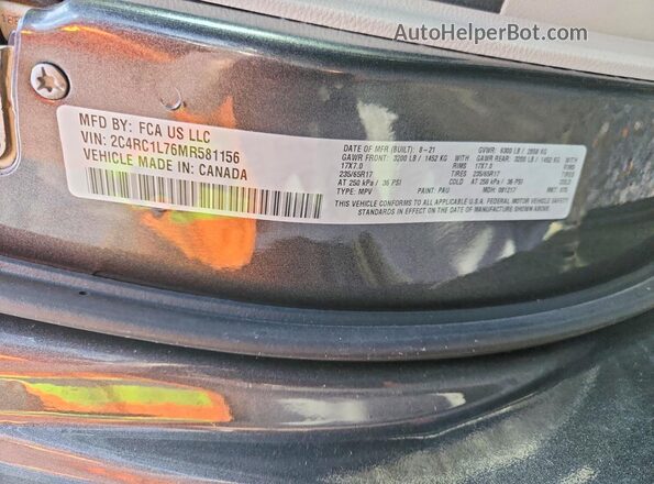 2C4RC1L76MR581156 2021 CHRYSLER PACIFICA Gray VIN კოდის სტიკერის ხედი