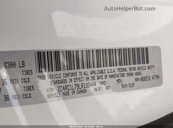 2C4RC1L79LR199444 2020 CHRYSLER PACIFICA White Շարժիչի բաժամունքի տեսք