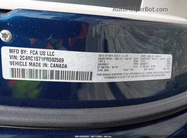 2C4RC1S71PR592569 2023 CHRYSLER PACIFICA Blue ძრავის განყოფილების ხედი