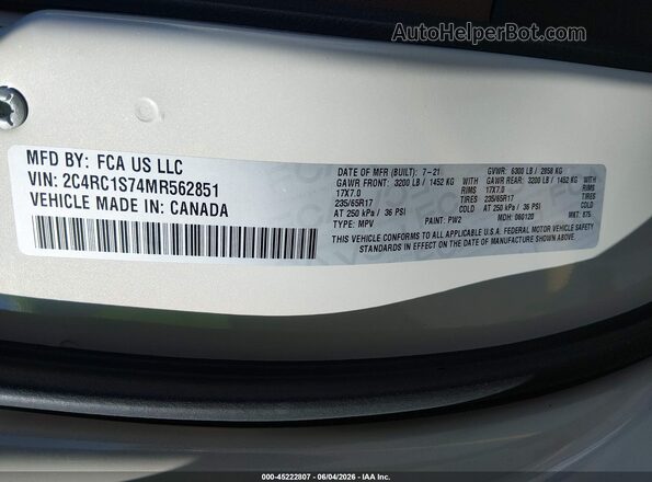 2C4RC1S74MR562851 2021 CHRYSLER PACIFICA White Widok komory silnika
