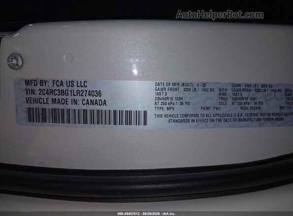 2C4RC3BG1LR274036 2020 CHRYSLER PACIFICA White Vista del compartimento del motor