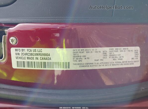 2C4RC3BGXMR599804 2021 CHRYSLER PACIFICA Maroon Widok komory silnika