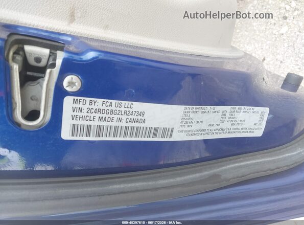 2C4RDGBG2LR247349 2020 DODGE GRAND CARAVAN Blue Vista del compartimento del motor