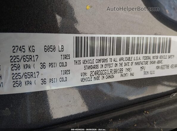 2C4RDGCG1LR180189 2020 DODGE GRAND CARAVAN Gray Vista del compartimento del motor